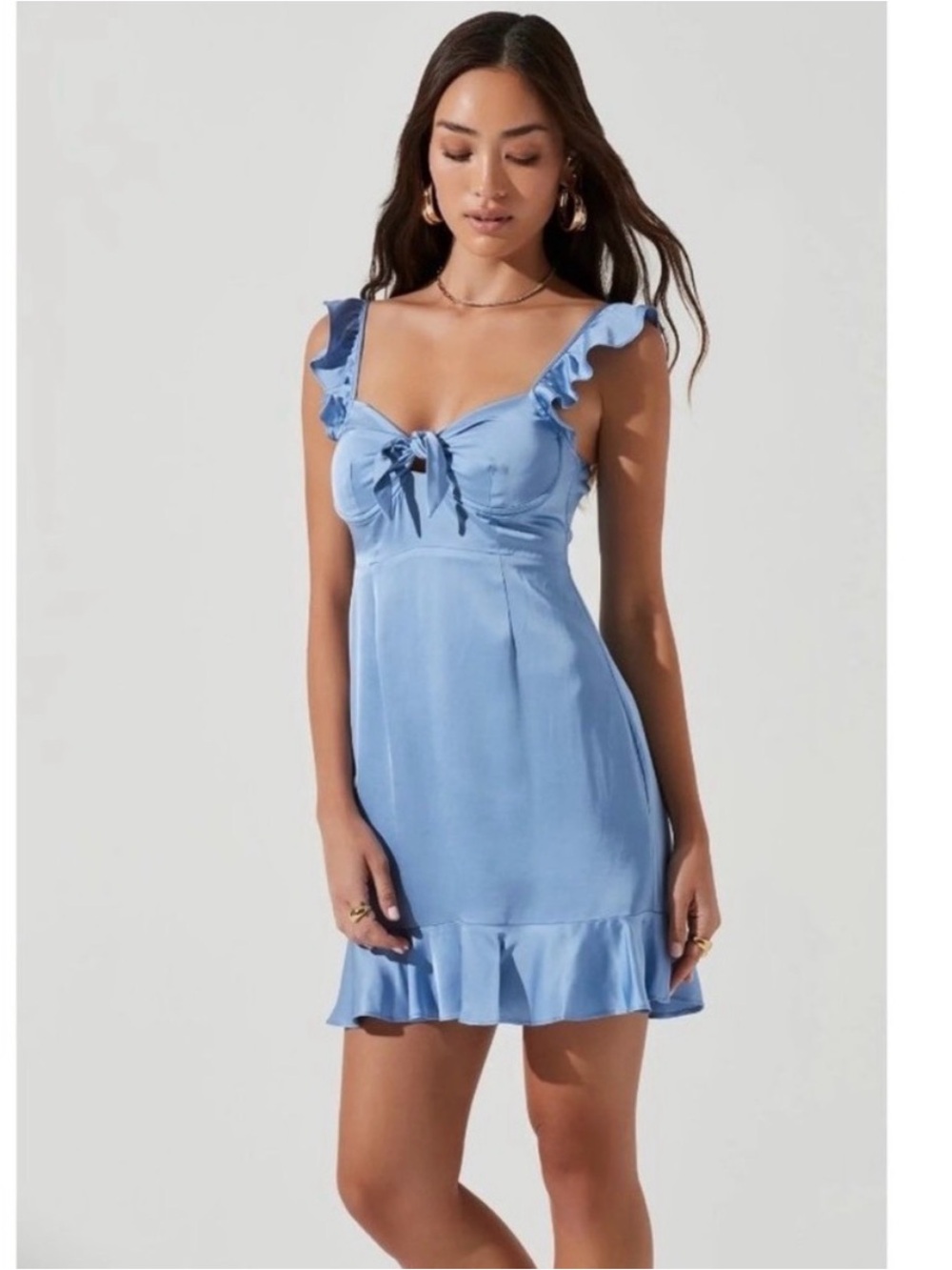 ASTR The Label Marla Mini Dress Blue Satin Ruffle Tie Front Size M